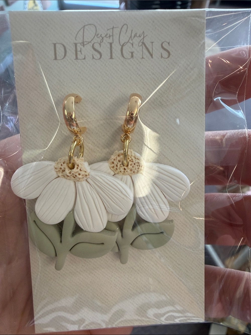 White Daisy Drop Earrings with Sage Leaves
